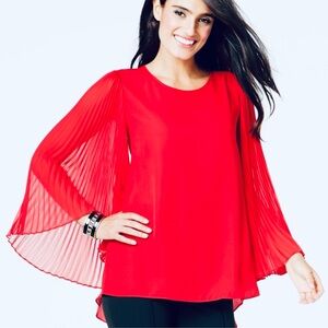 Vince Camuto. Elegant Red Sheer Pleated Cape-Sleeve Blouse. Size M